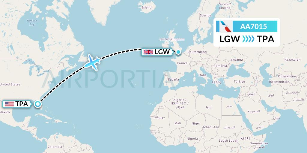 AA7015 American Airlines Flight Map: London to Tampa