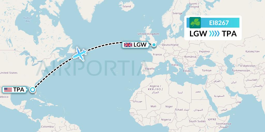 EI8267 Aer Lingus Flight Map: London to Tampa