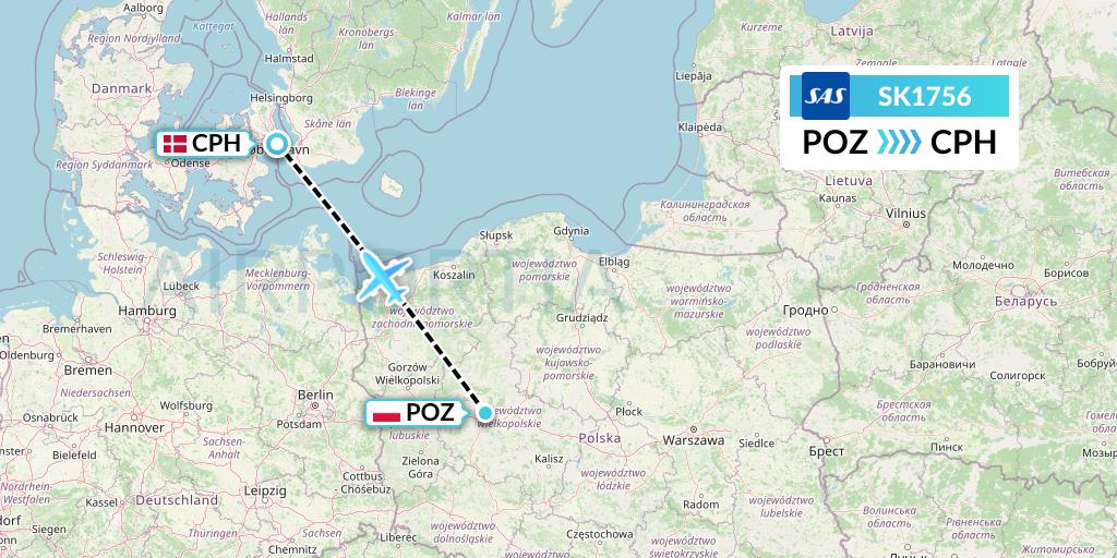 SK1756 SAS Flight Map: Poznan to Copenhagen