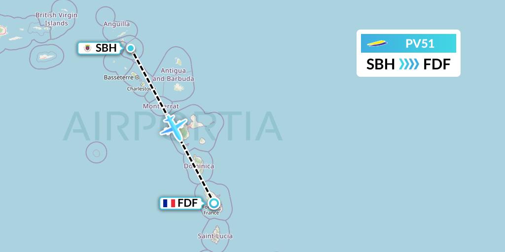 PV51 St. Barth Commuter Flight Map: St. Jean to Fort-de-France