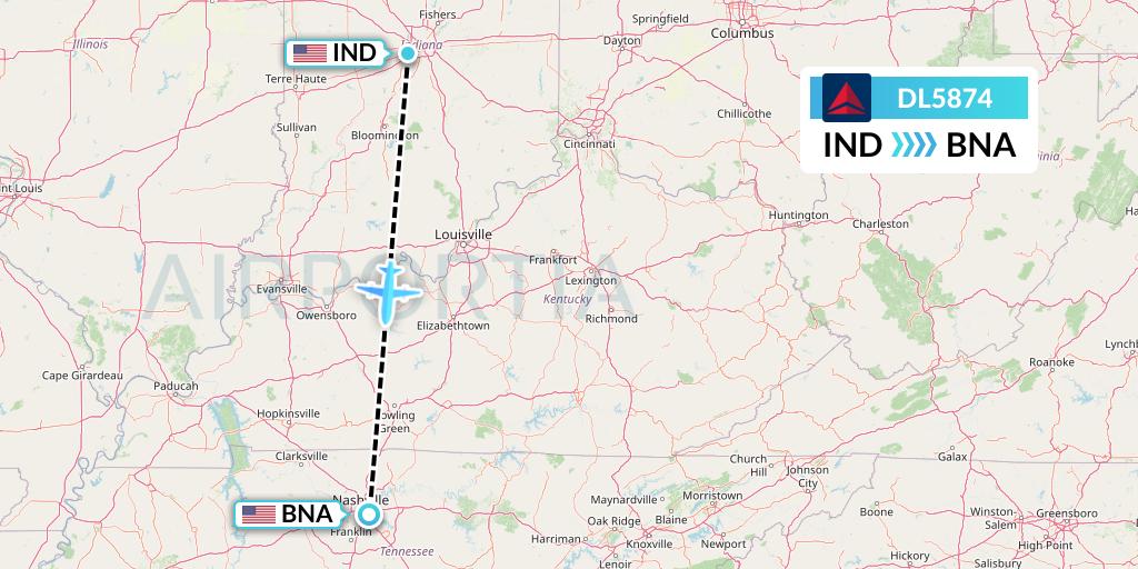DL5874 Delta Air Lines Flight Map: Indianapolis to Nashville