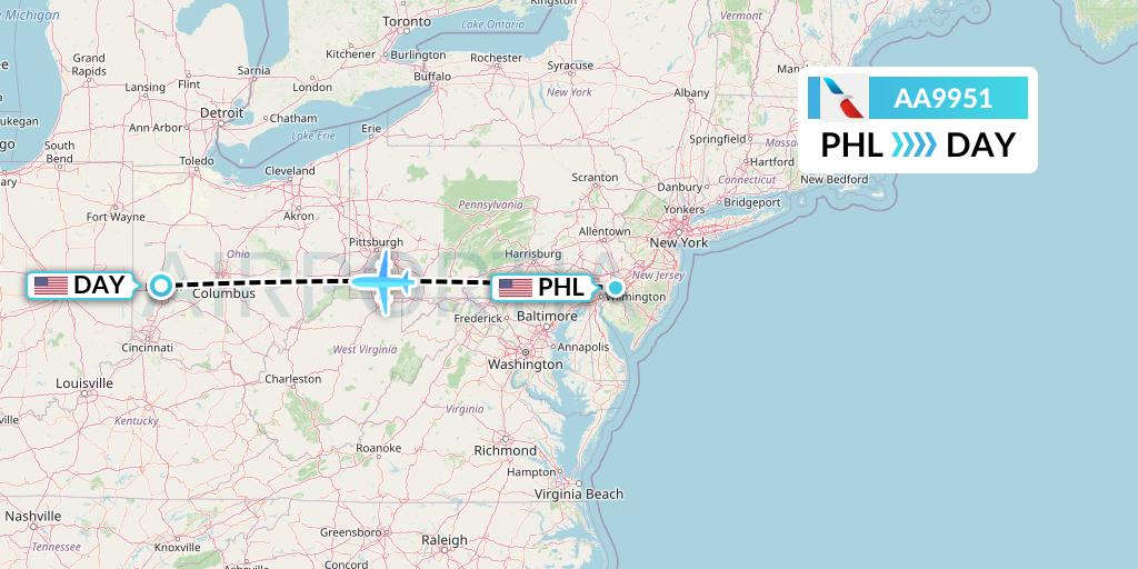 AA9951 American Airlines Flight Map: Philadelphia to Dayton