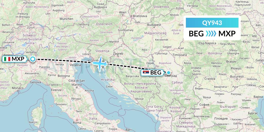 QY943 European Air Transport Flight Map: Belgrade to Milan