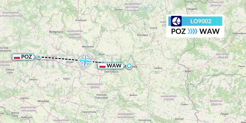 LO9002 LOT Flight Map: Poznan to Warsaw