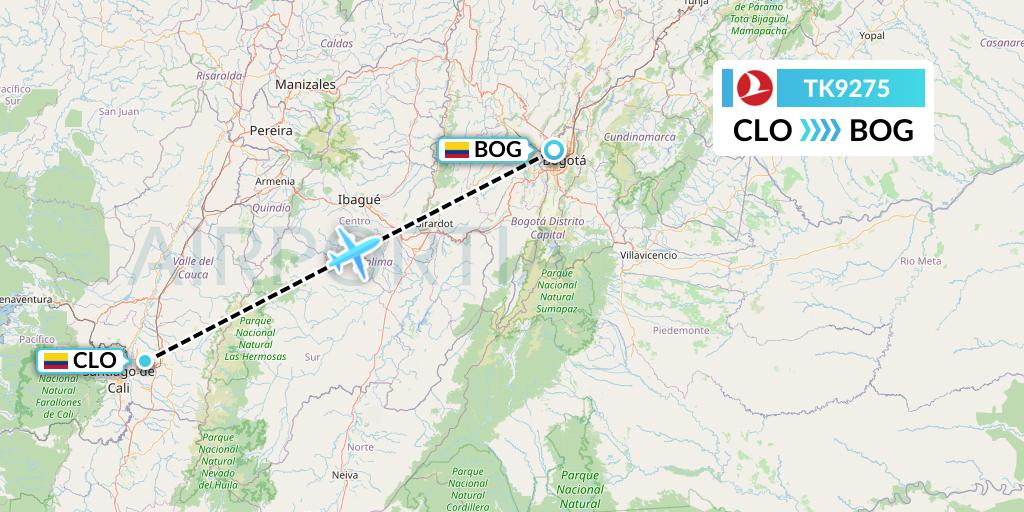 TK9275 Turkish Airlines Flight Map: Cali to Bogota