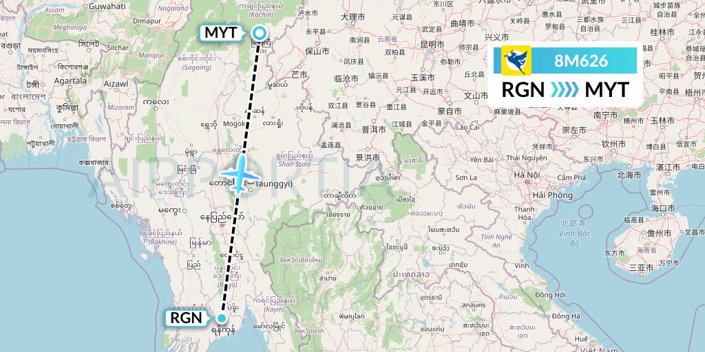 8M626 Myanmar Airways International Flight Map: Yangon to Myitkyina