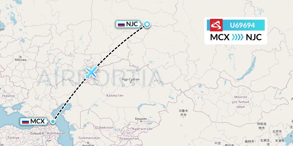 U69694 Ural Airlines Flight Map: Makhachkala to Nizhnevartovsk