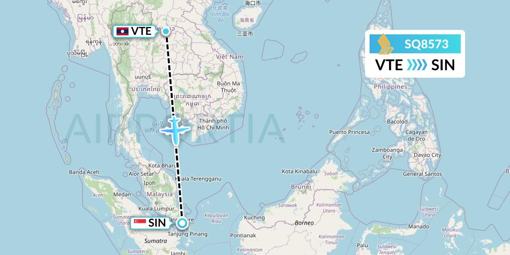 SQ8573 Singapore Airlines Flight Map: Vientiane to Singapore