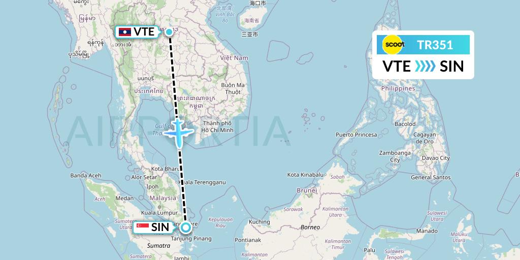 TR351 Tigerair Flight Map: Vientiane to Singapore