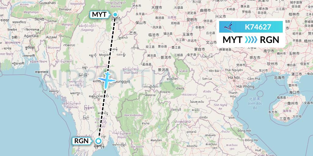 K74627 Air KBZ Flight Map: Myitkyina to Yangon