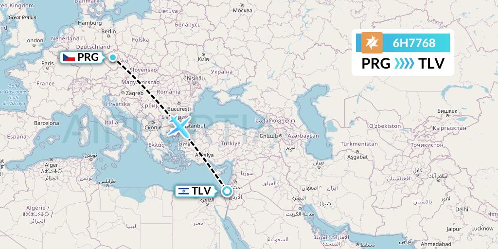 6H7768 Israir Airlines Flight Map: Prague to Tel Aviv