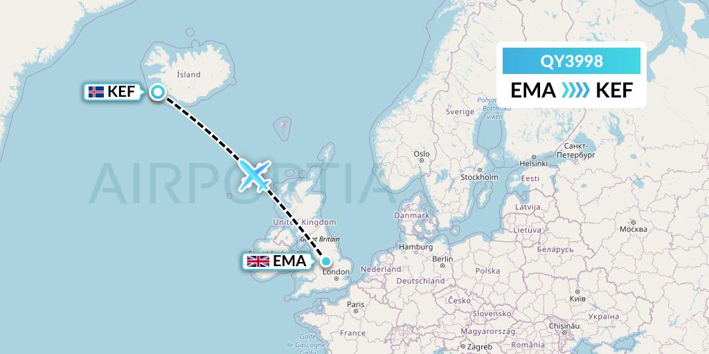 QY3998 European Air Transport Flight Map: East Midlands to Reykjavik