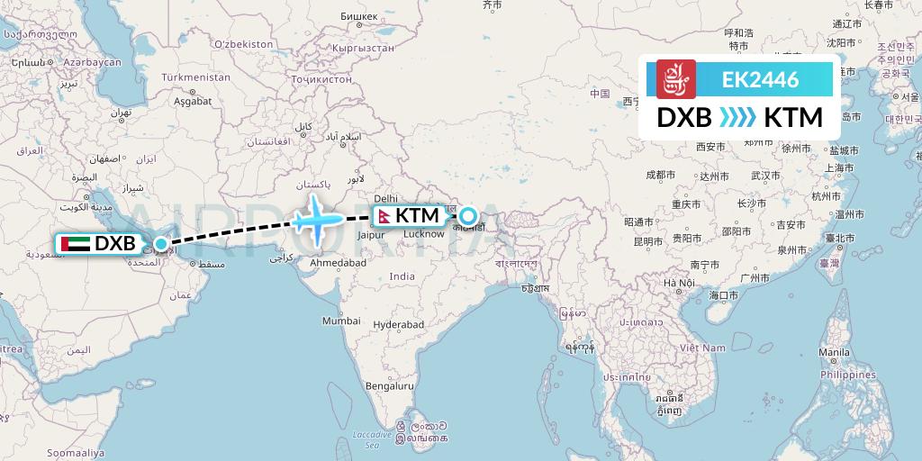 EK2446 Emirates Flight Map: Dubai to Kathmandu