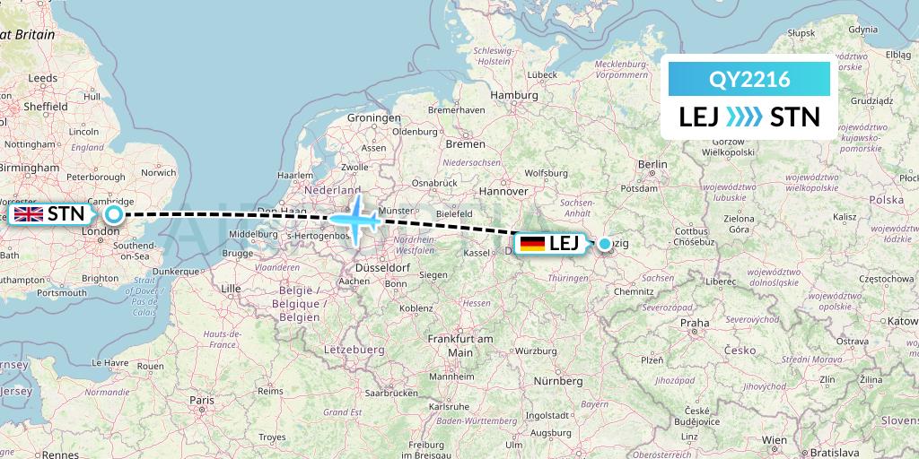 QY2216 European Air Transport Flight Map: Leipzig to London