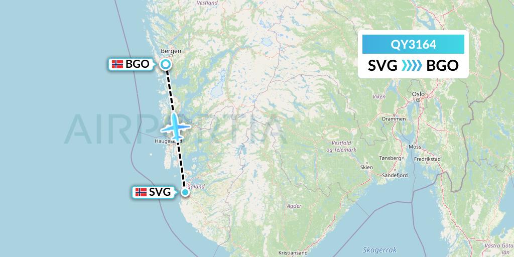 QY3164 European Air Transport Flight Map: Stavanger to Bergen