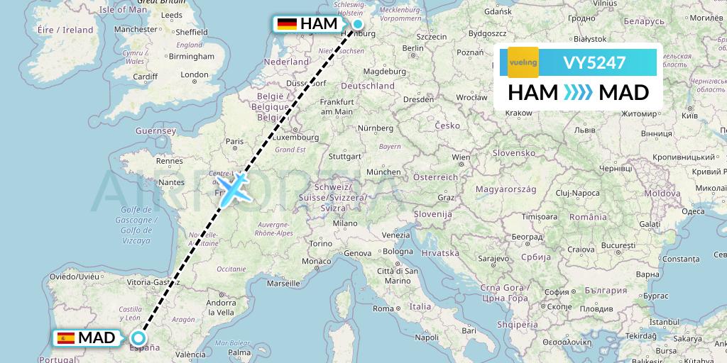 VY5247 Vueling Flight Map: Hamburg to Madrid