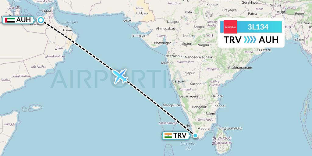 3L134 Air Arabia Abu Dhabi Flight Map: Thiruvananthapuram to Abu Dhabi