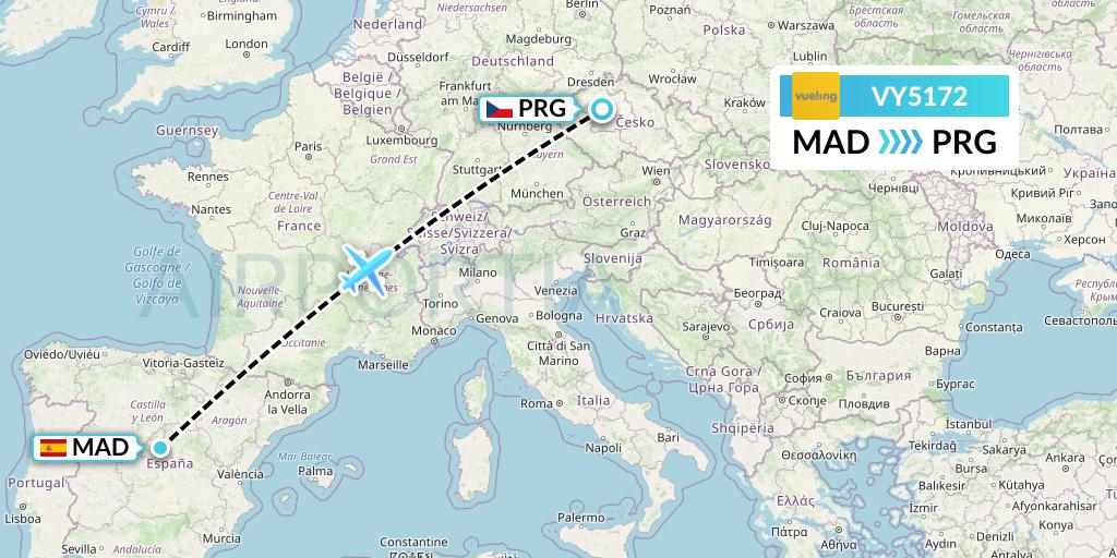 VY5172 Vueling Flight Map: Madrid to Prague
