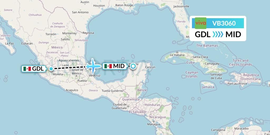 VB3060 VivaAerobus Flight Map: Guadalajara to Merida