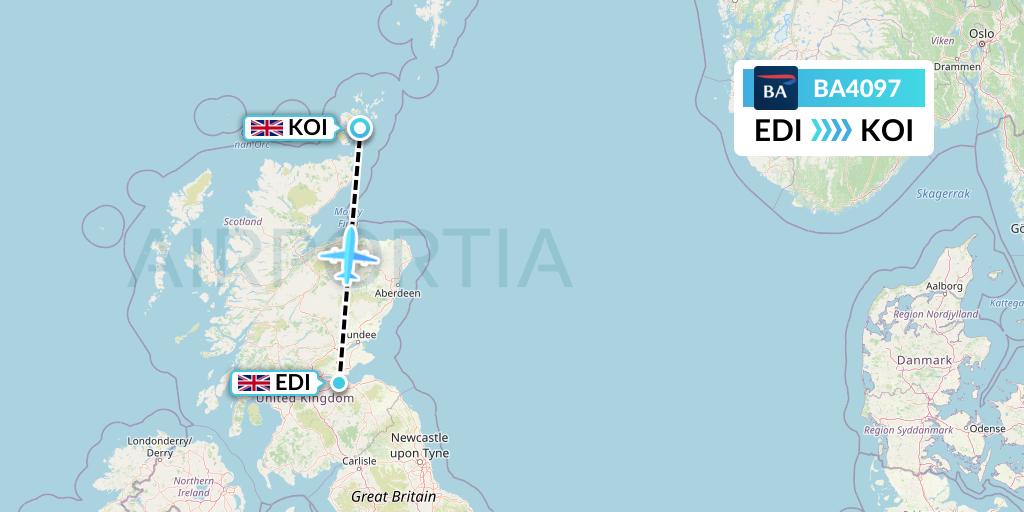 BA4097 British Airways Flight Map: Edinburgh to Kirkwall