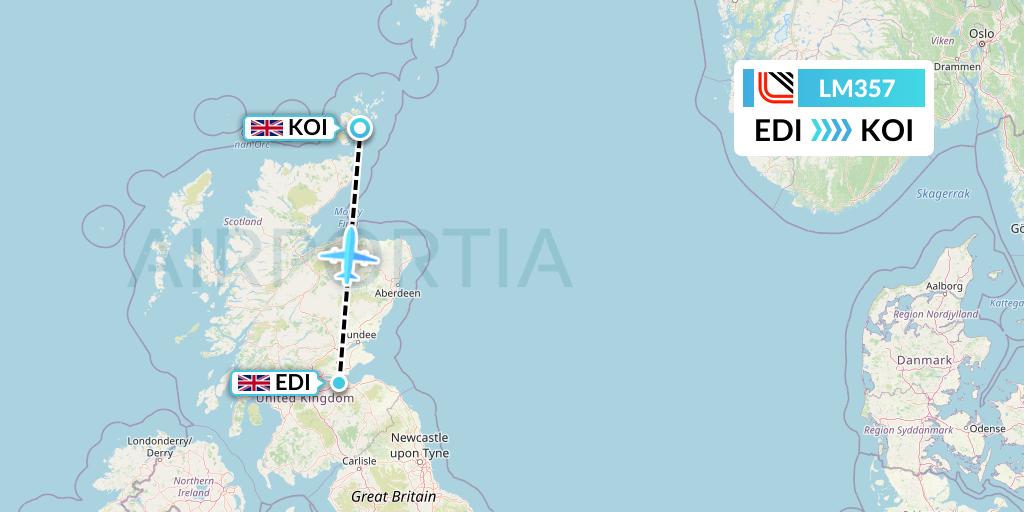 LM357 Loganair Flight Map: Edinburgh to Kirkwall