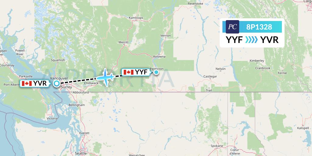 8P1328 Pacific Coastal Airlines Flight Map: Penticton to Vancouver