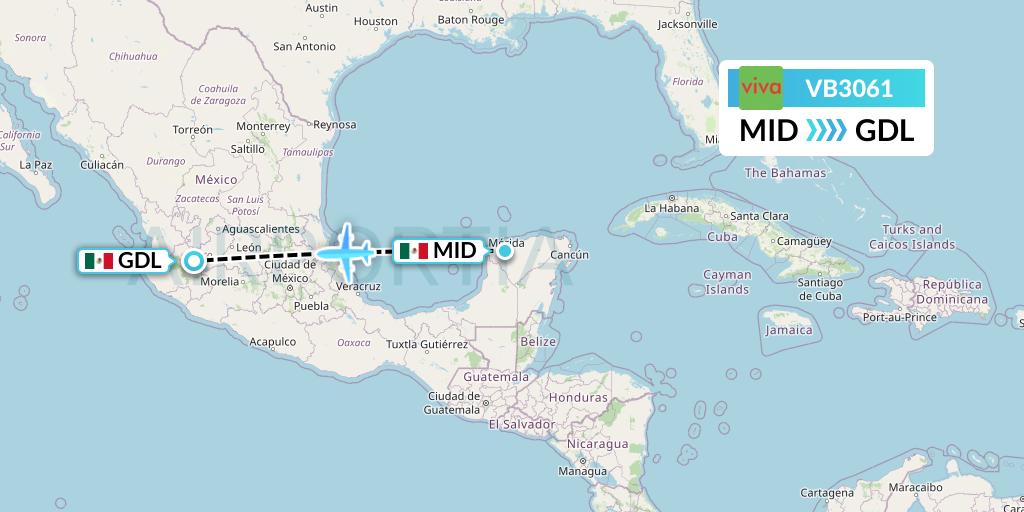 VB3061 VivaAerobus Flight Map: Merida to Guadalajara