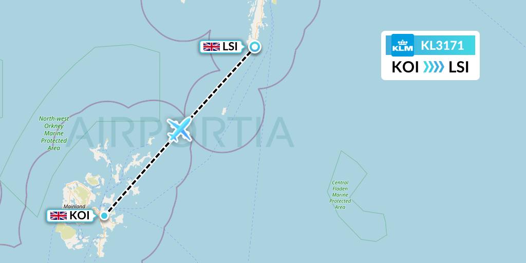 KL3171 KLM Flight Map: Kirkwall to Sumburgh