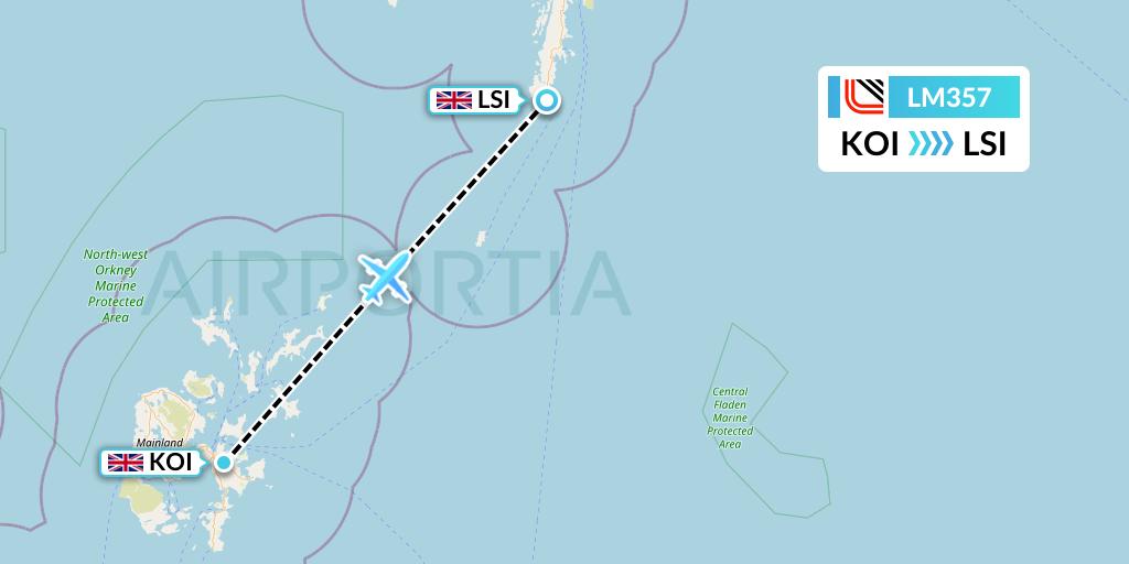 LM357 Loganair Flight Map: Kirkwall to Sumburgh