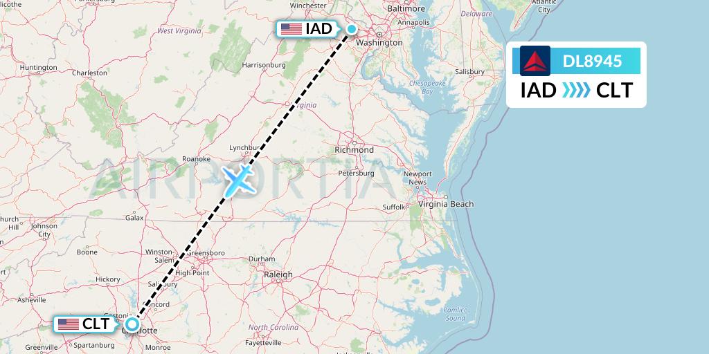 DL8945 Delta Air Lines Flight Map: Washington to Charlotte