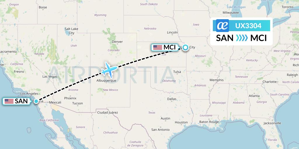 UX3304 Air Europa Flight Map: San Diego to Kansas City