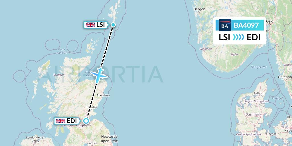 BA4097 British Airways Flight Map: Sumburgh to Edinburgh