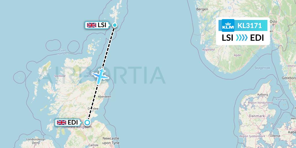 KL3171 KLM Flight Map: Sumburgh to Edinburgh