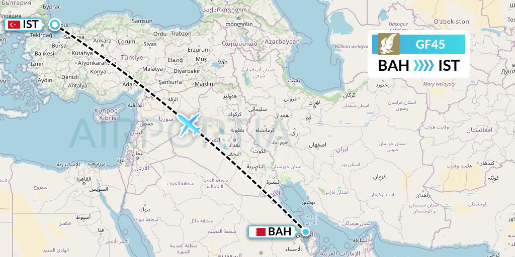 GF45 Gulf Air Flight Map: Bahrain to Istanbul