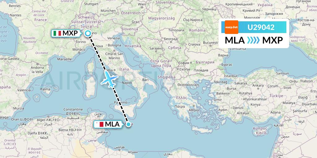 U29042 EasyJet Flight Map: Malta to Milan