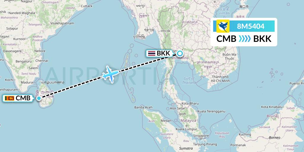 8M5404 Myanmar Airways International Flight Map: Colombo to Bangkok