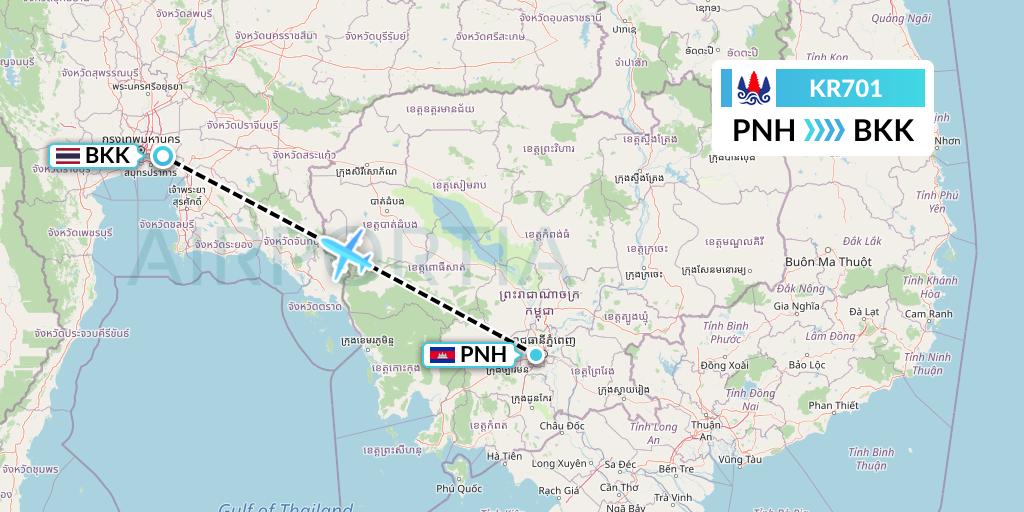 KR701 Cambodia Airways Flight Map: Phnom Penh to Bangkok