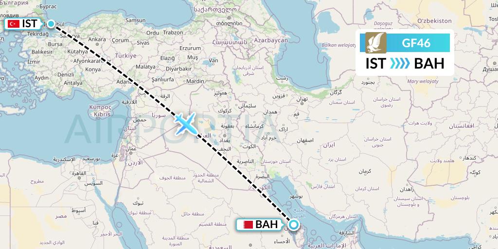 GF46 Gulf Air Flight Map: Istanbul to Bahrain