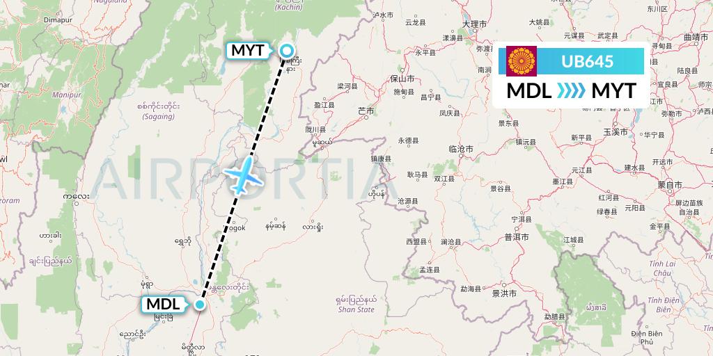 UB645 Myanmar National Airlines Flight Map: Mandalay to Myitkyina