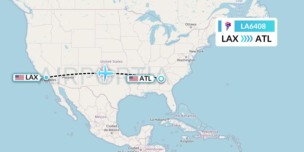 LA6408 LAN Airlines Flight Map: Los Angeles to Atlanta