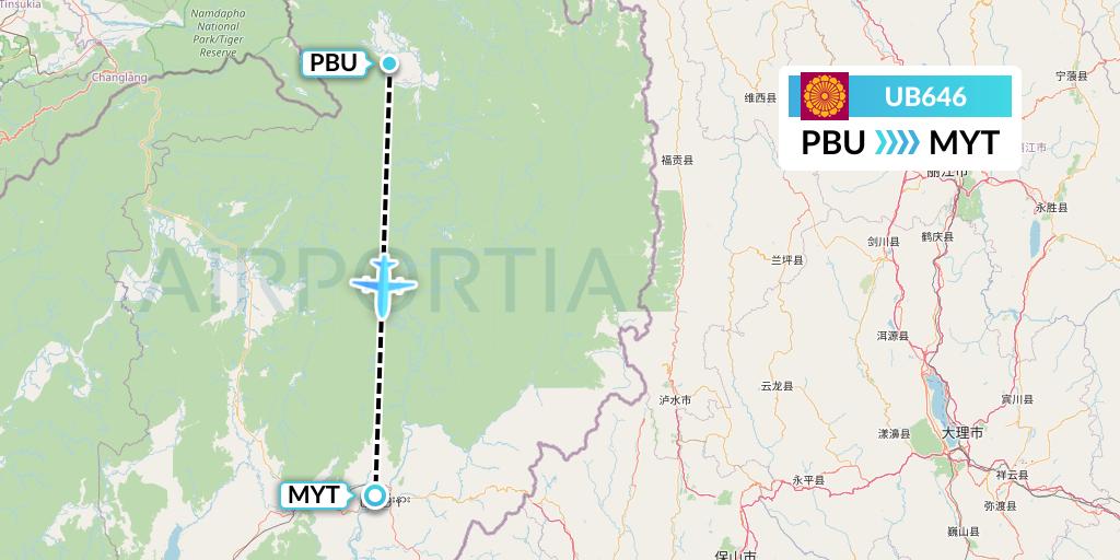 UB646 Myanmar National Airlines Flight Map: Putao to Myitkyina
