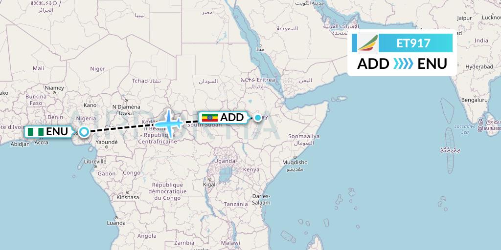 ET917 Ethiopian Airlines Flight Map: Addis Ababa to Enugu