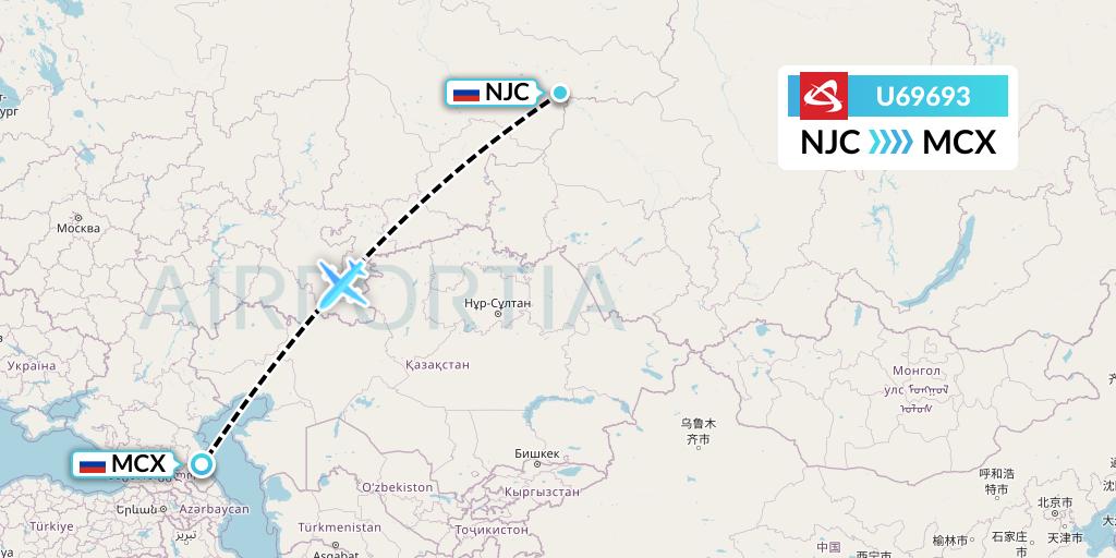 U69693 Ural Airlines Flight Map: Nizhnevartovsk to Makhachkala