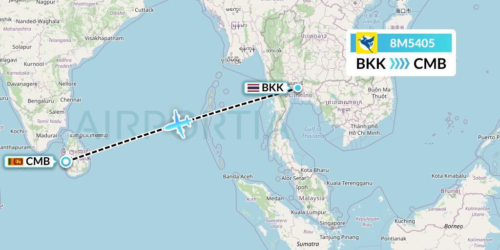 8M5405 Myanmar Airways International Flight Map: Bangkok to Colombo