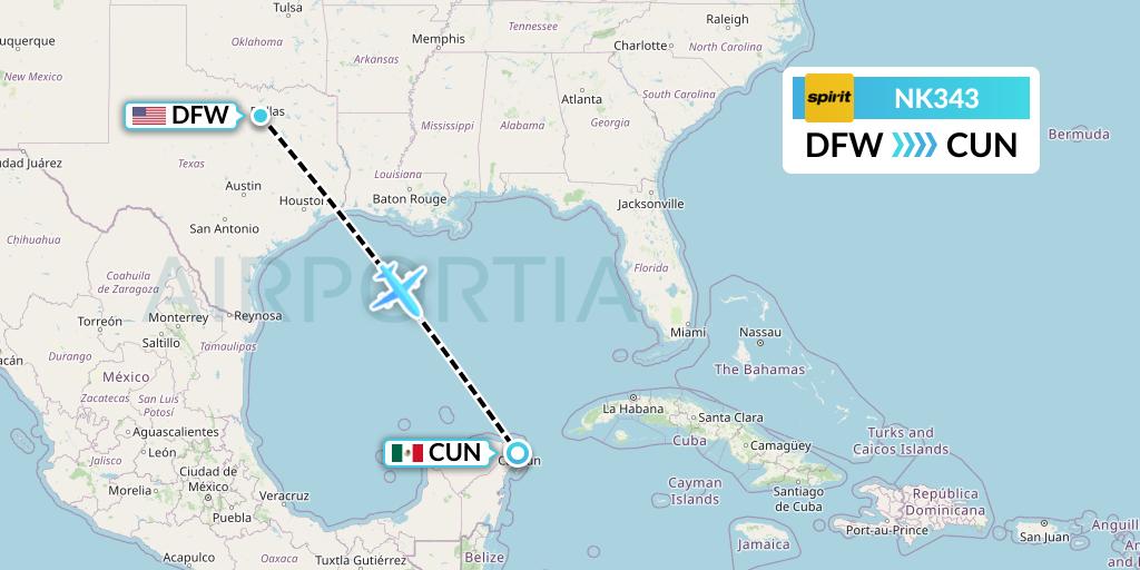 NK343 Spirit Airlines Flight Map: Dallas to Cancun