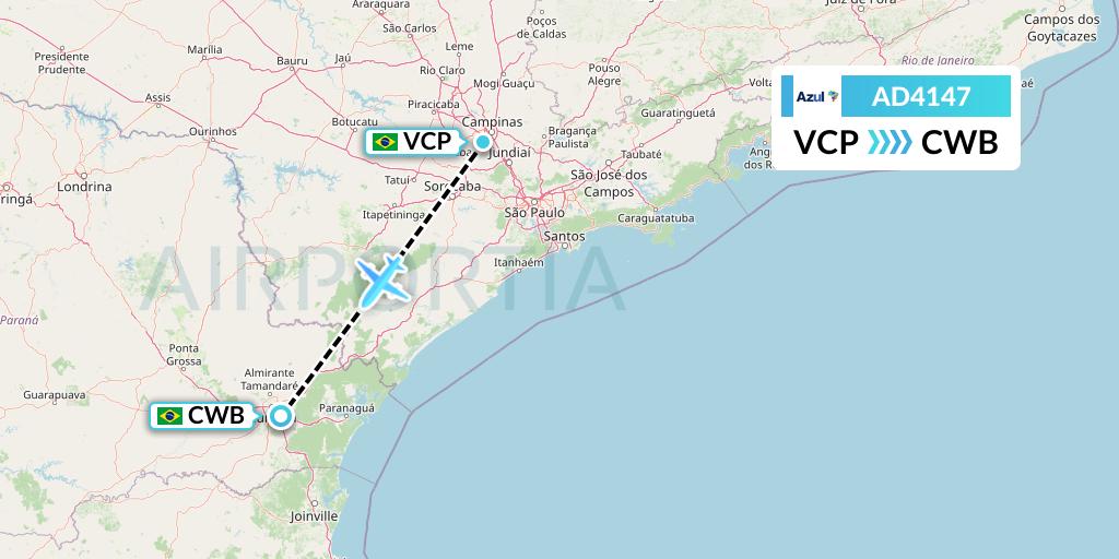AD4147 Azul Brazilian Airlines Flight Map: Campinas to Curitiba
