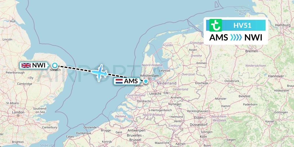 HV51 Transavia Flight Map: Amsterdam to Norwich