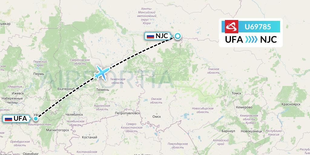 U69785 Ural Airlines Flight Map: Ufa to Nizhnevartovsk