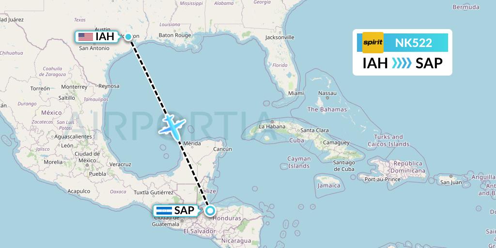 NK522 Spirit Airlines Flight Map: Houston to San Pedro Sula