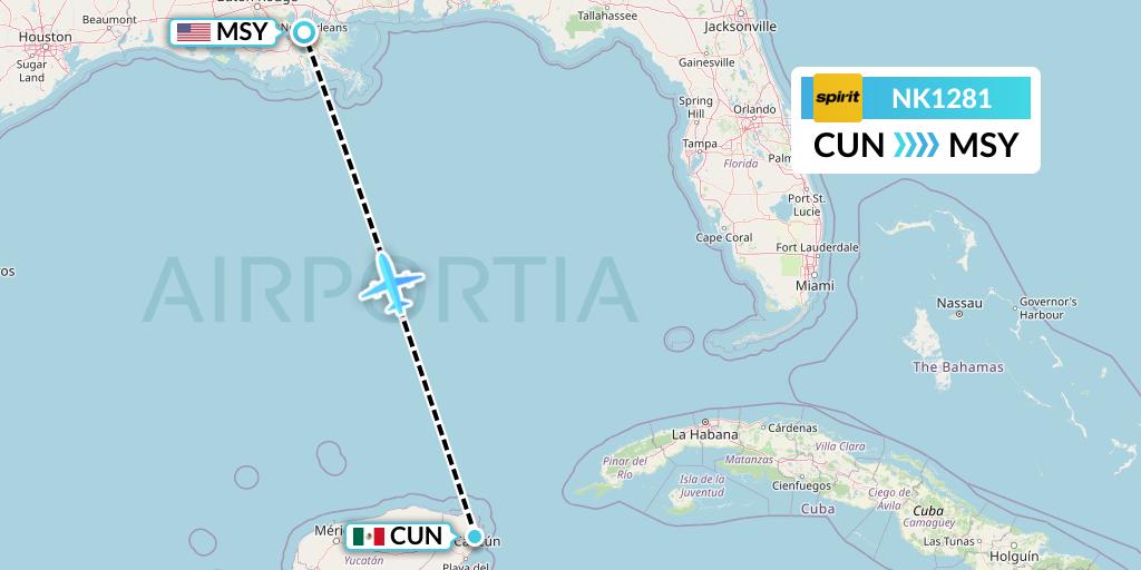 NK1281 Spirit Airlines Flight Map: Cancun to New Orleans